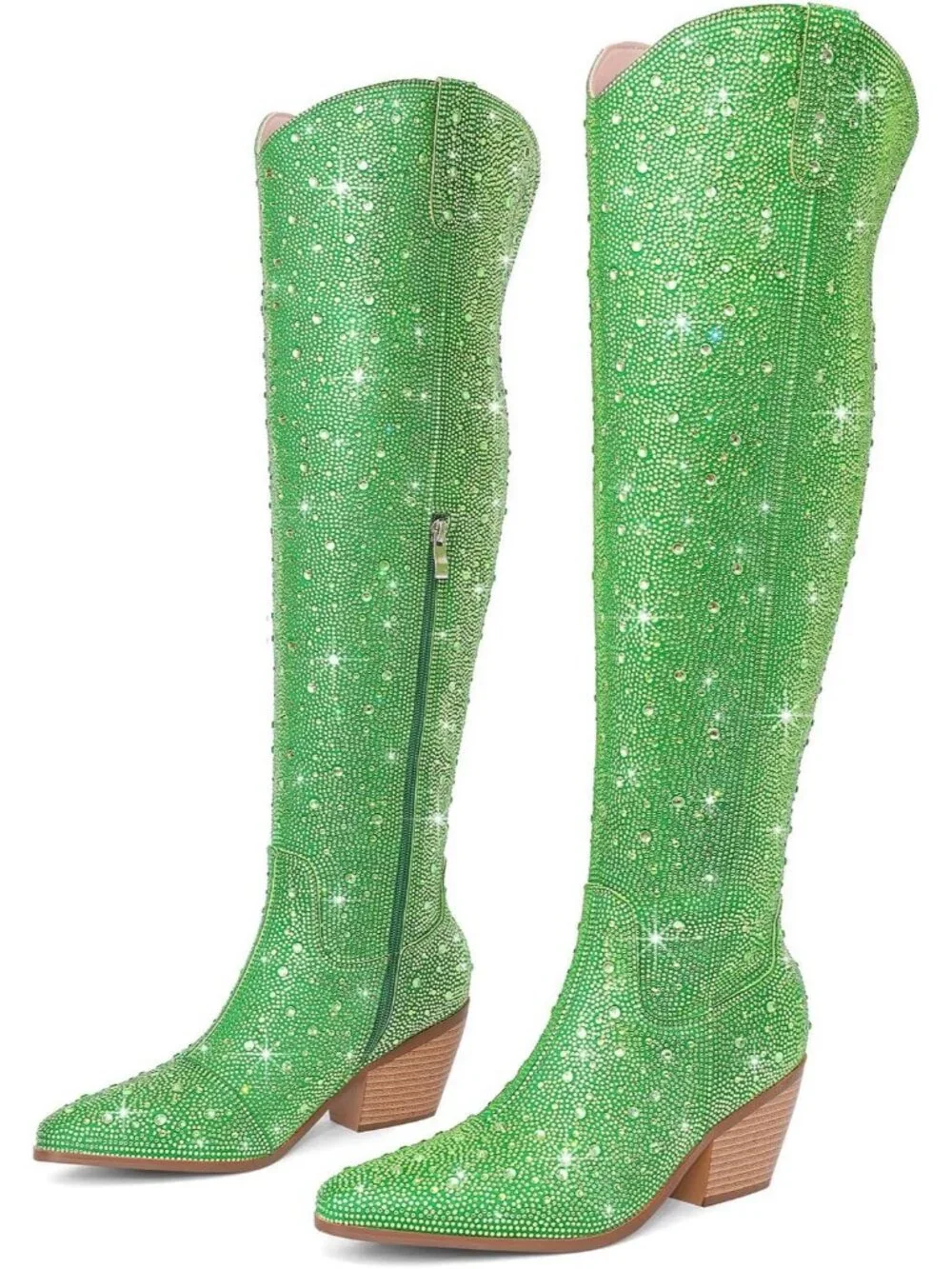 Women's Green Rhinestone Sparkly Bling Side Zippers Over the Knee High Boots